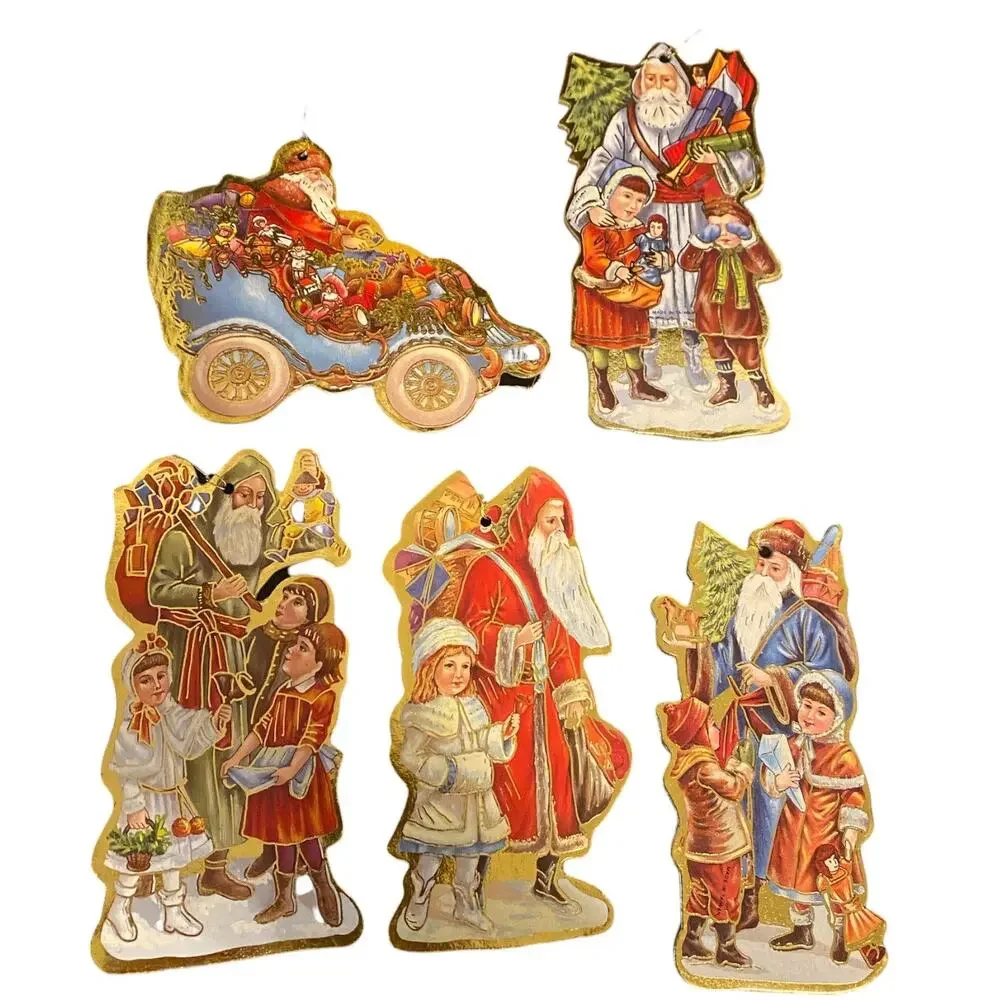 Lot of 5 Vintage 80s Christmas Cardboard Ornaments Gold Trim Accent Santa Tree